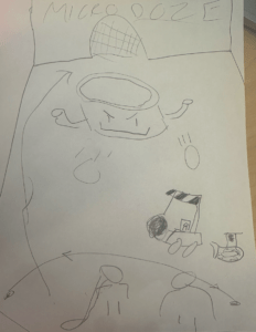 A drawing of an ice cream carton as a villain